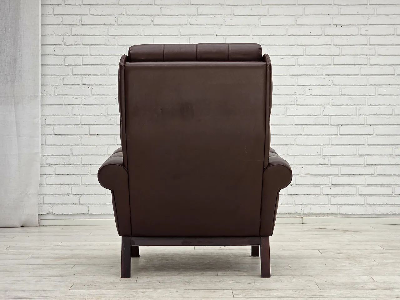 Anni '70, poltrona danese, pelle marrone originale per arredamento. 13