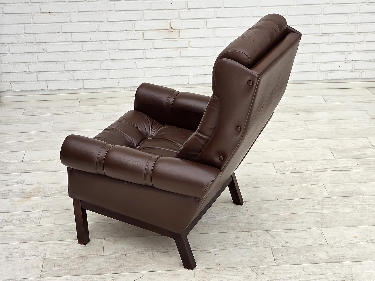 Anni '70, poltrona danese, pelle marrone originale per arredamento. 14