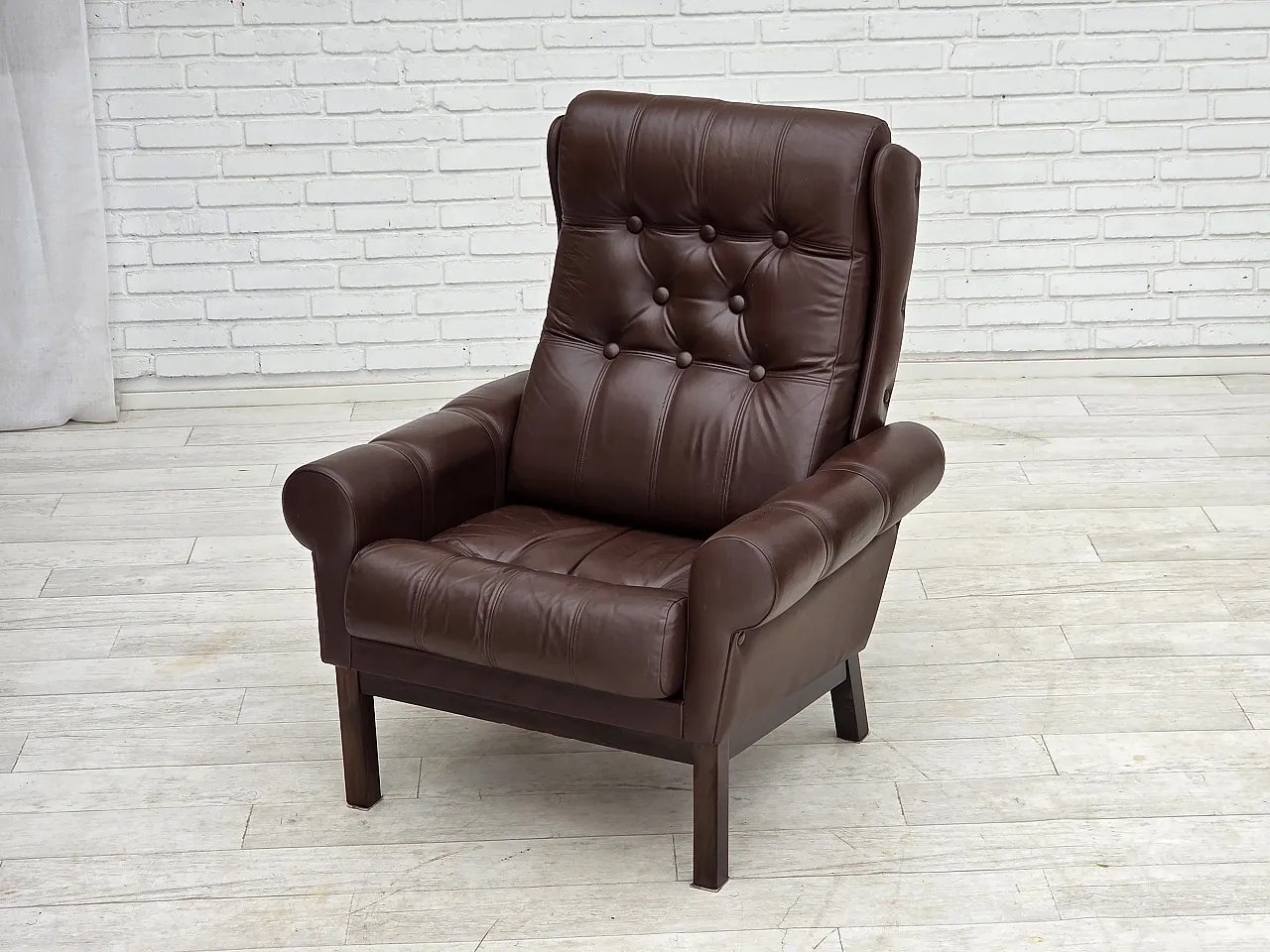 Anni '70, poltrona danese, pelle marrone originale per arredamento. 15