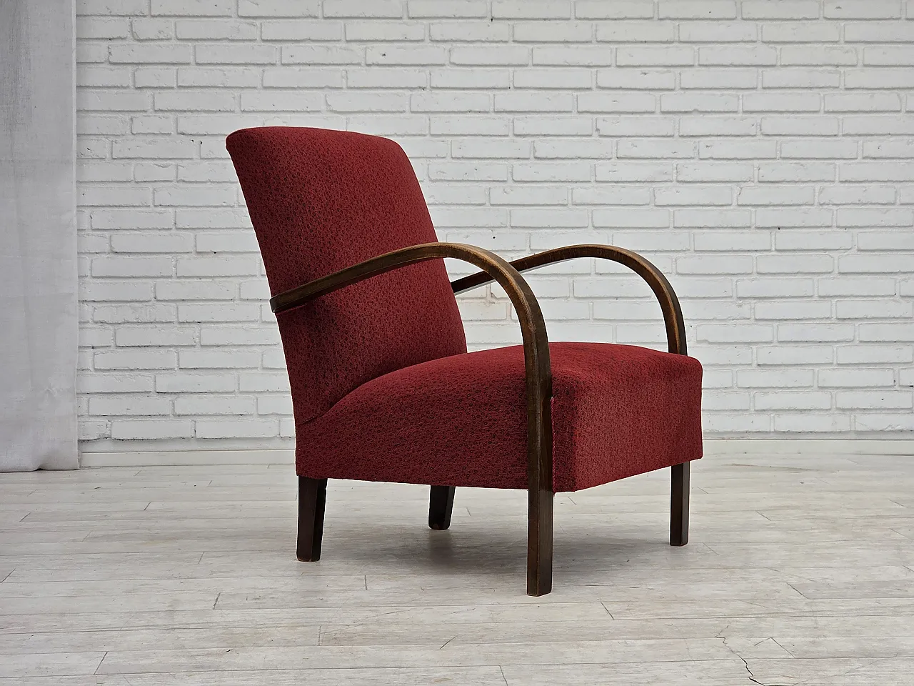 Anni '50, poltrona art deco danese, mobili originali in lana rossa. 1
