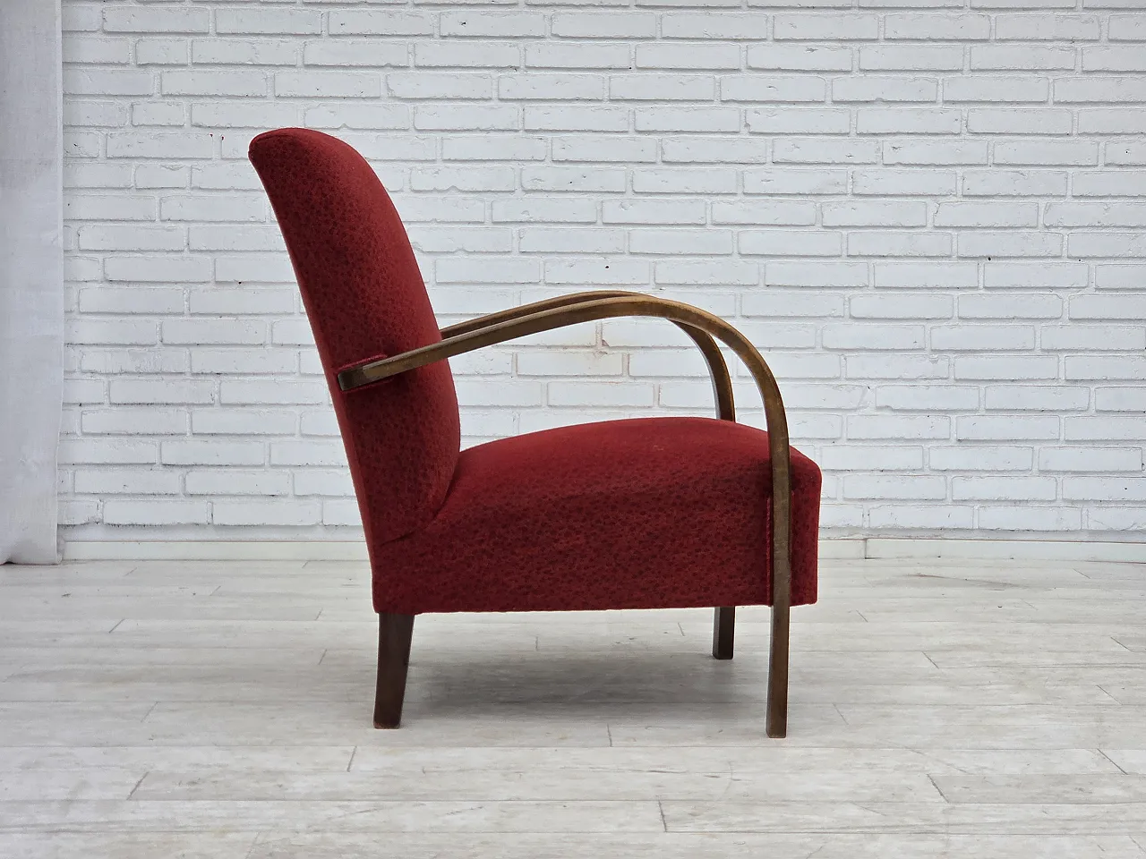 Anni '50, poltrona art deco danese, mobili originali in lana rossa. 9