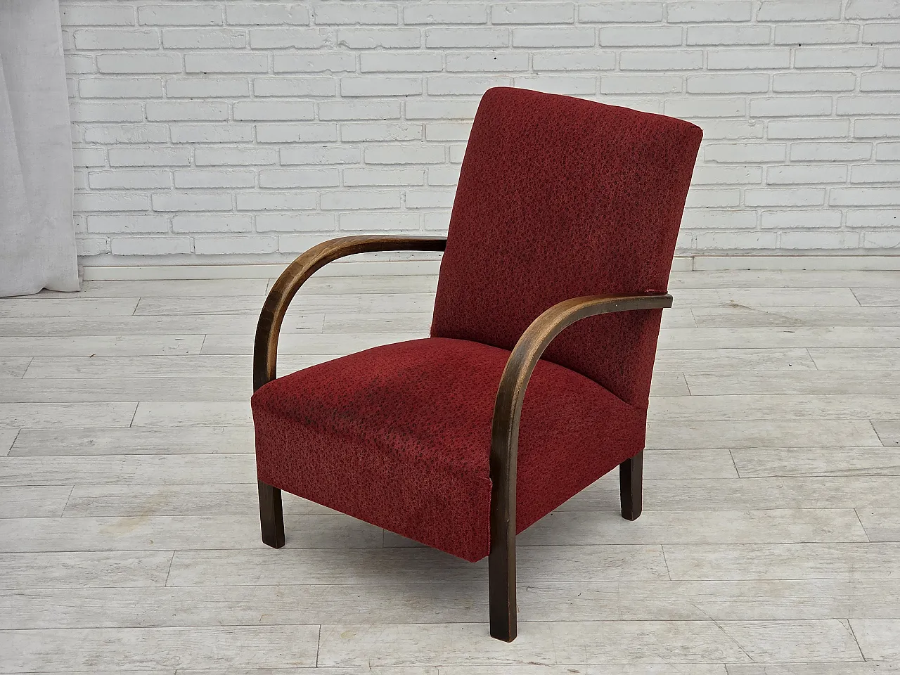 Anni '50, poltrona art deco danese, mobili originali in lana rossa. 14