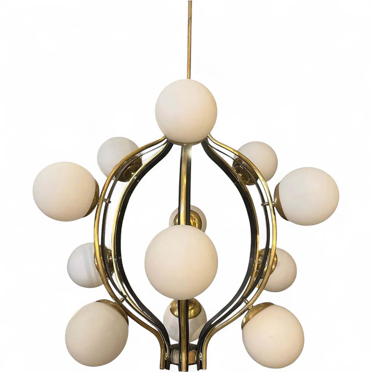 Mid-Century Modern brass and white glass chandelier by Stilnovo, 1950s 13