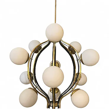 Mid-Century Modern brass and white glass chandelier by Stilnovo, 1950s