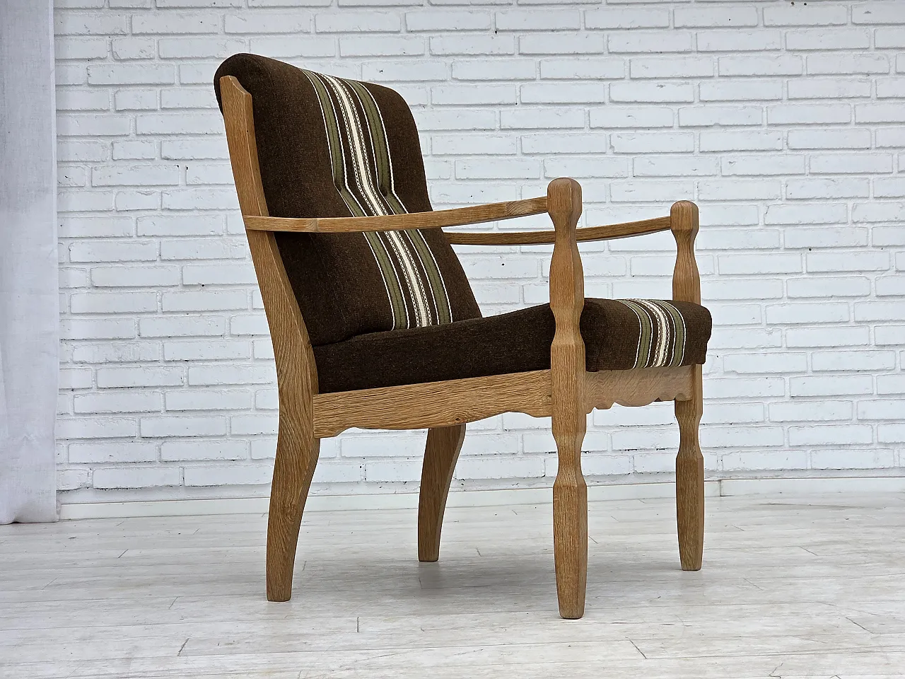 Danish armchair, original striped furniture wool, carved oak, 1970s 1