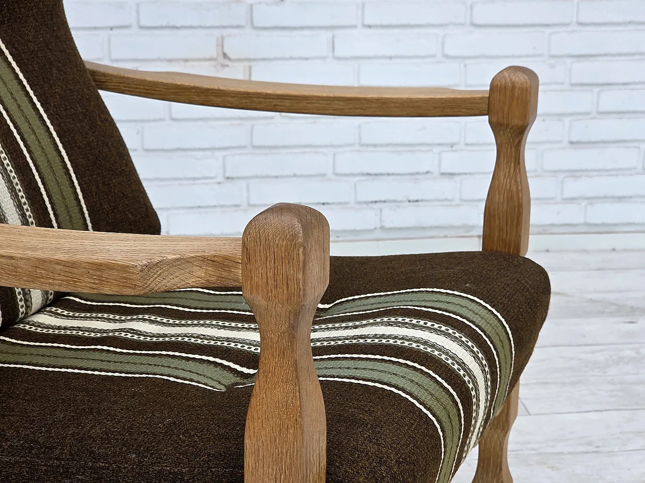 Danish armchair, original striped furniture wool, carved oak, 1970s 2