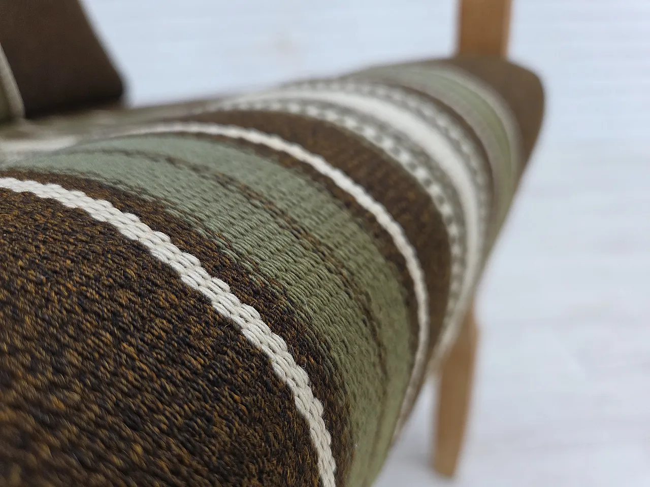 Danish armchair, original striped furniture wool, carved oak, 1970s 3