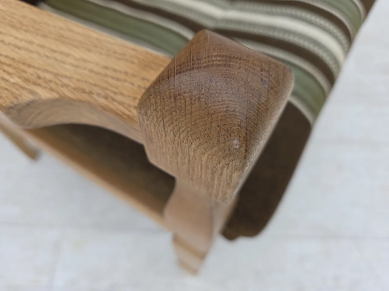 Danish armchair, original striped furniture wool, carved oak, 1970s 4