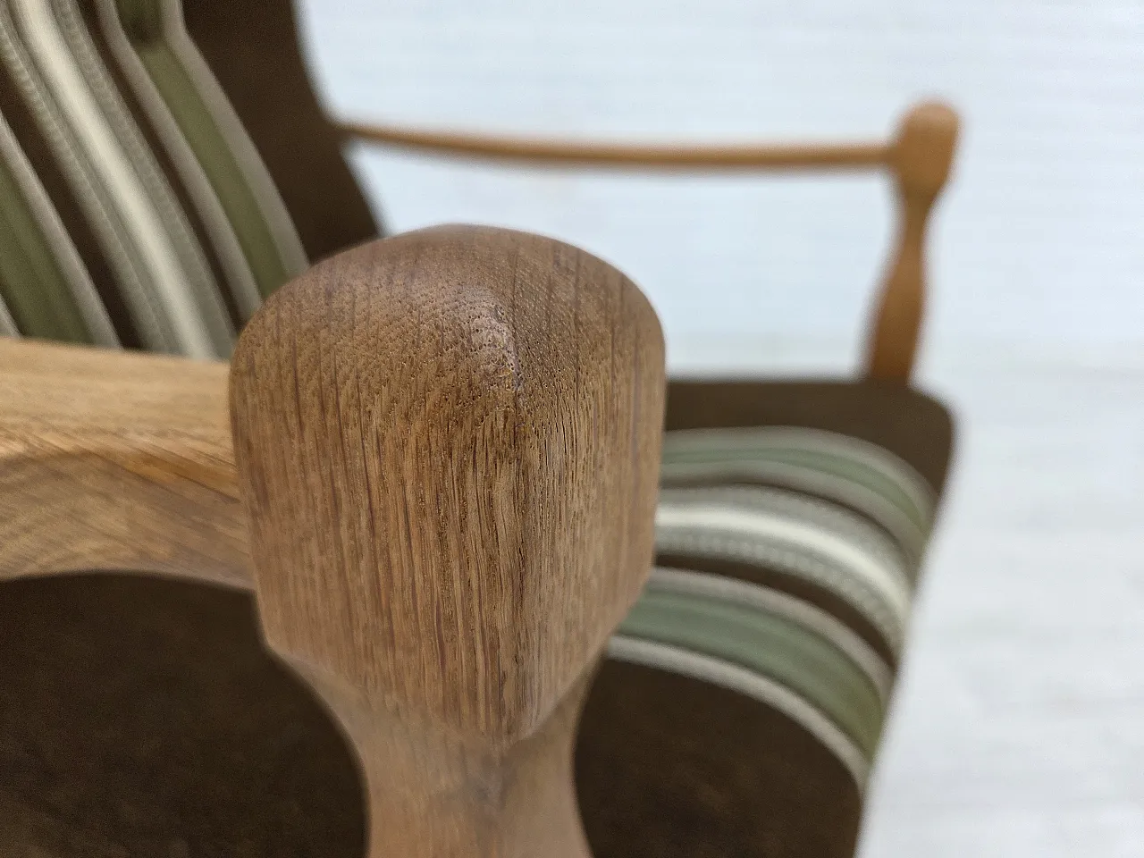Danish armchair, original striped furniture wool, carved oak, 1970s 5