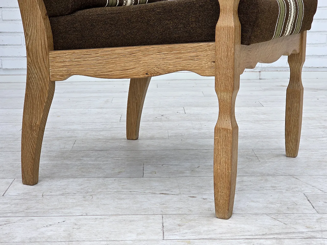 Danish armchair, original striped furniture wool, carved oak, 1970s 6