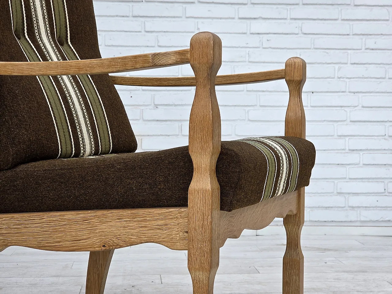 Danish armchair, original striped furniture wool, carved oak, 1970s 7