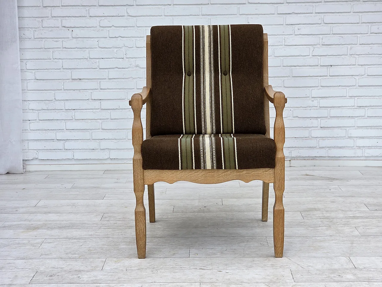 Danish armchair, original striped furniture wool, carved oak, 1970s 8