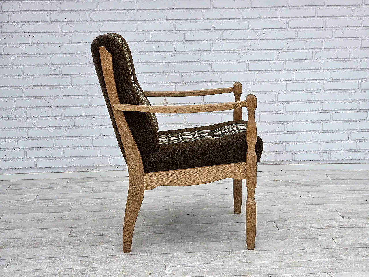 Danish armchair, original striped furniture wool, carved oak, 1970s 9