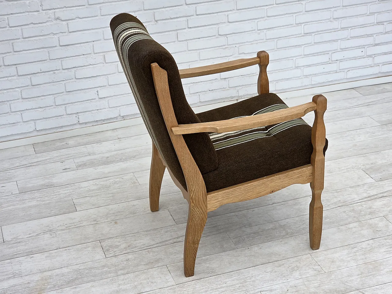 Danish armchair, original striped furniture wool, carved oak, 1970s 10