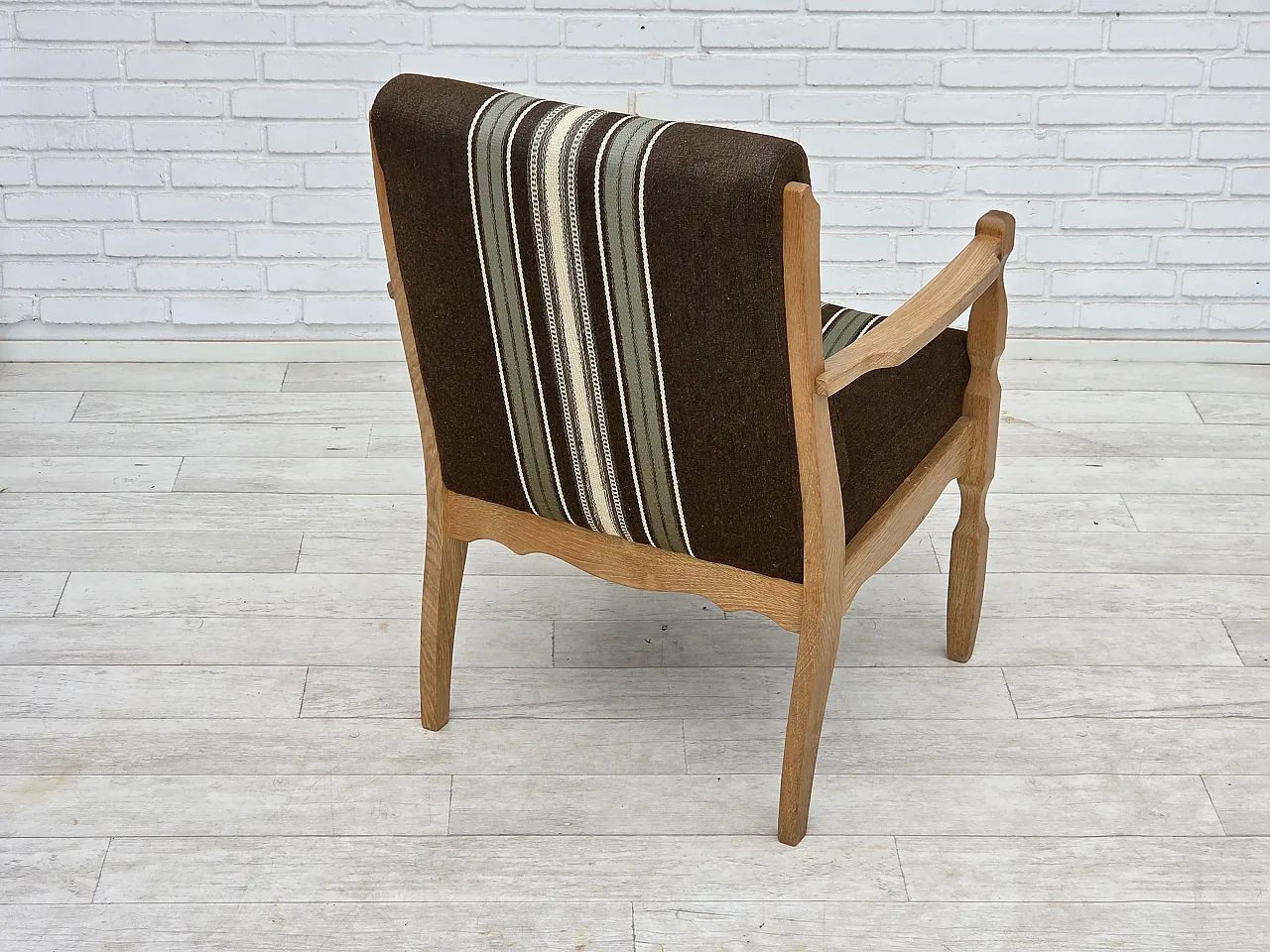 Danish armchair, original striped furniture wool, carved oak, 1970s 11