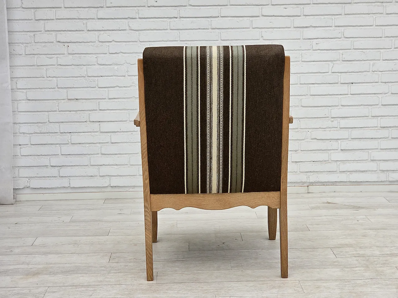 Danish armchair, original striped furniture wool, carved oak, 1970s 12