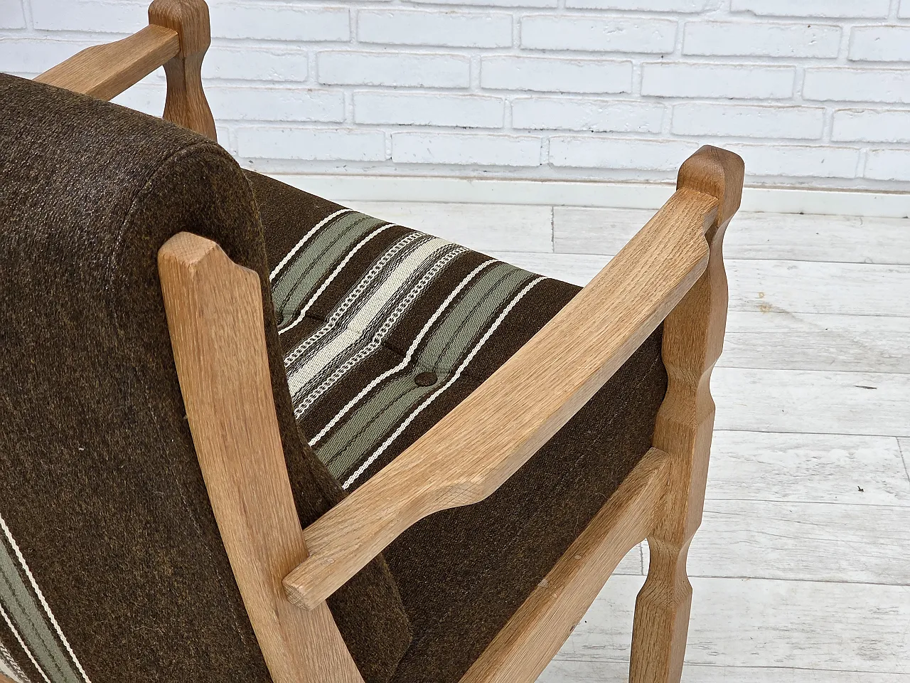 Danish armchair, original striped furniture wool, carved oak, 1970s 13