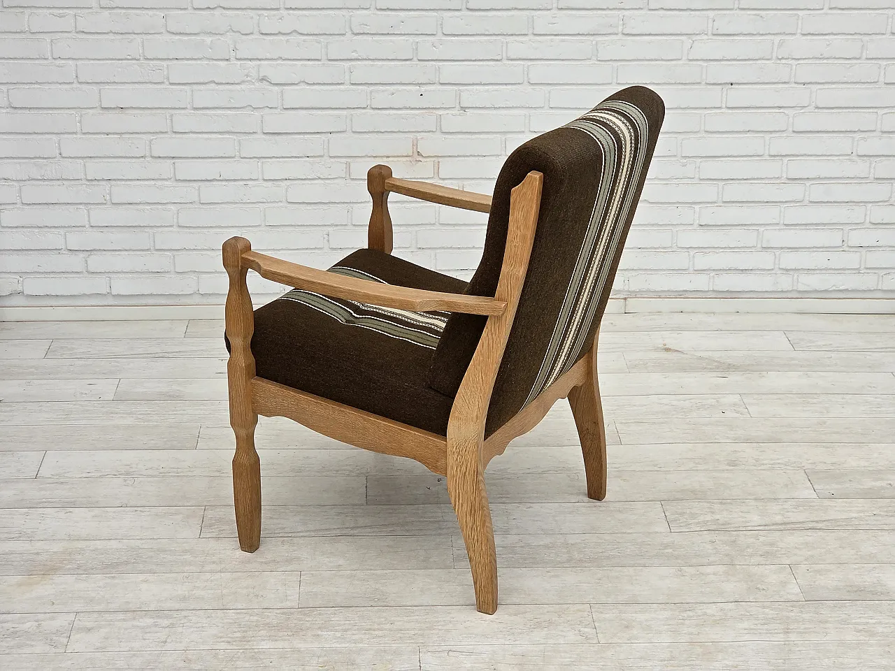 Danish armchair, original striped furniture wool, carved oak, 1970s 14