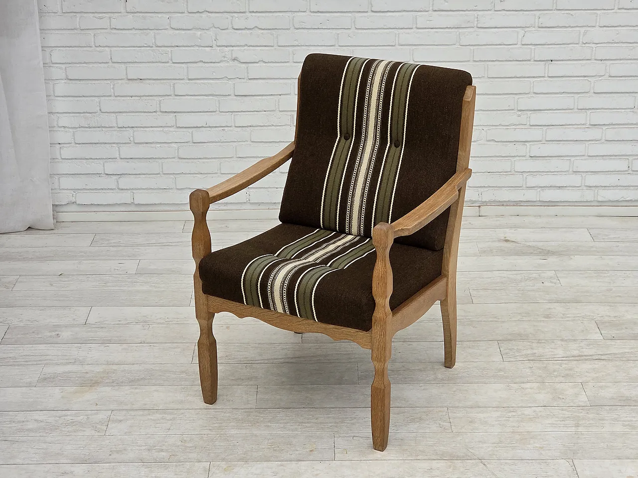 Danish armchair, original striped furniture wool, carved oak, 1970s 15