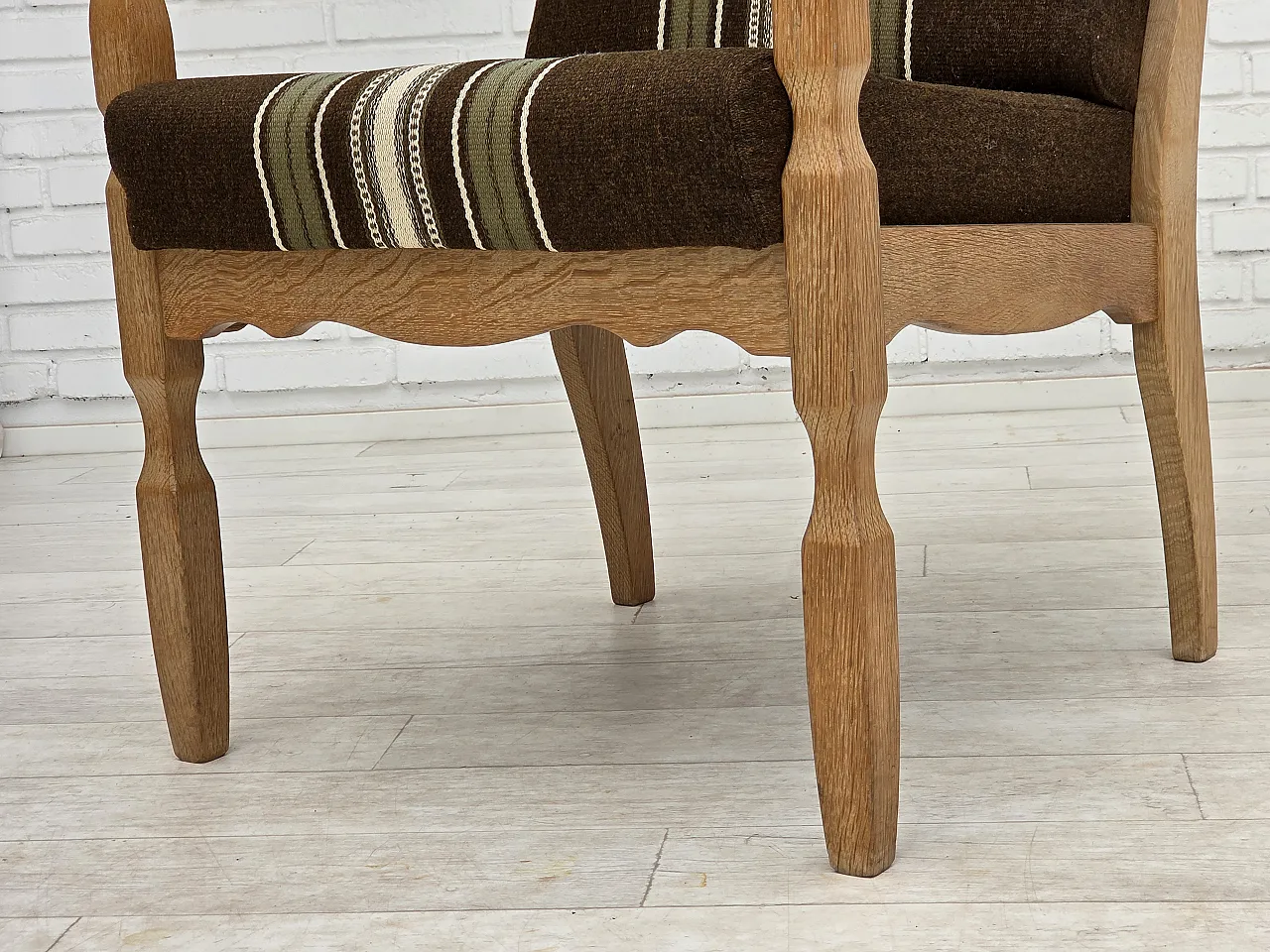 Danish armchair, original striped furniture wool, carved oak, 1970s 16