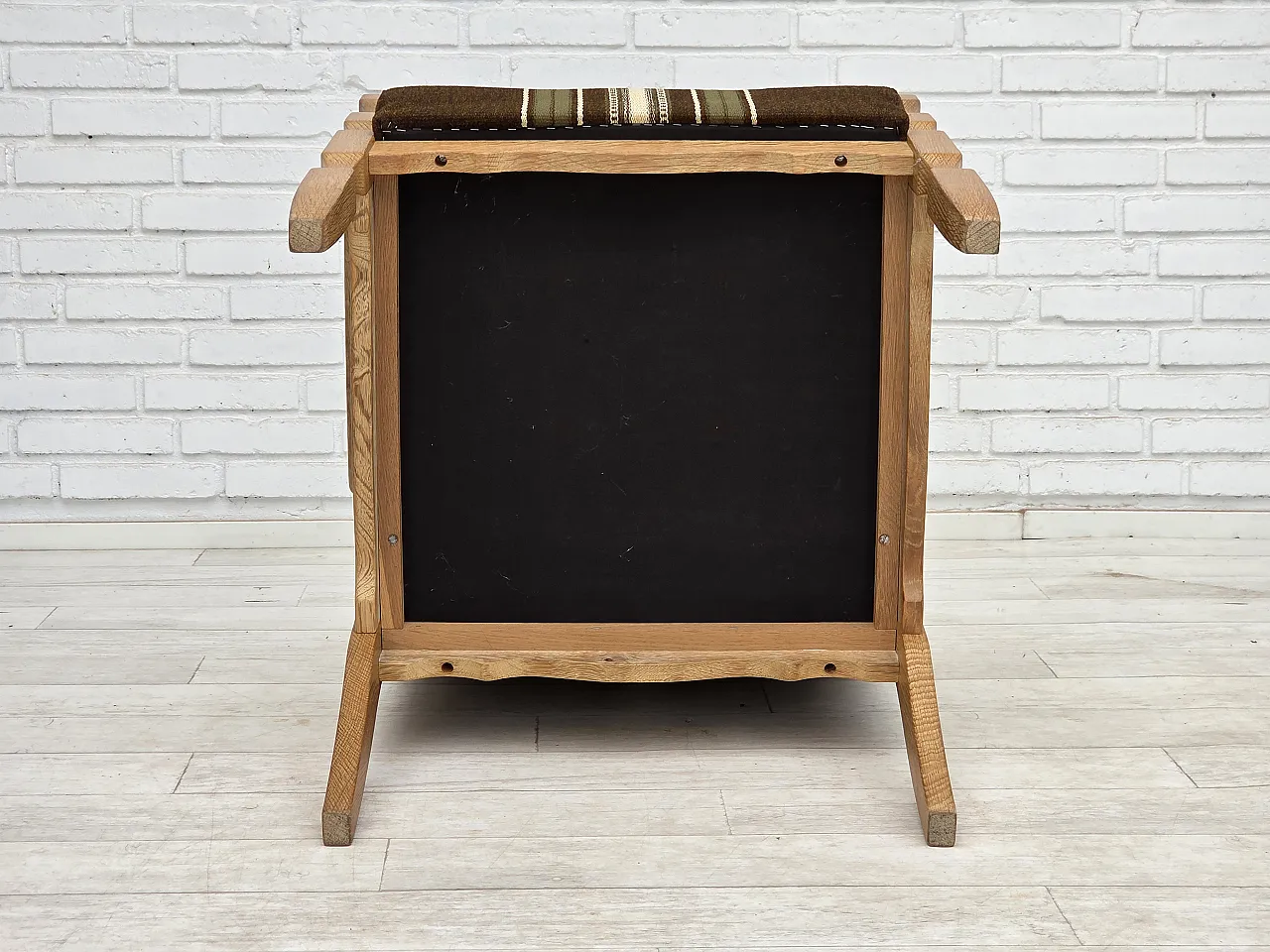 Danish armchair, original striped furniture wool, carved oak, 1970s 17
