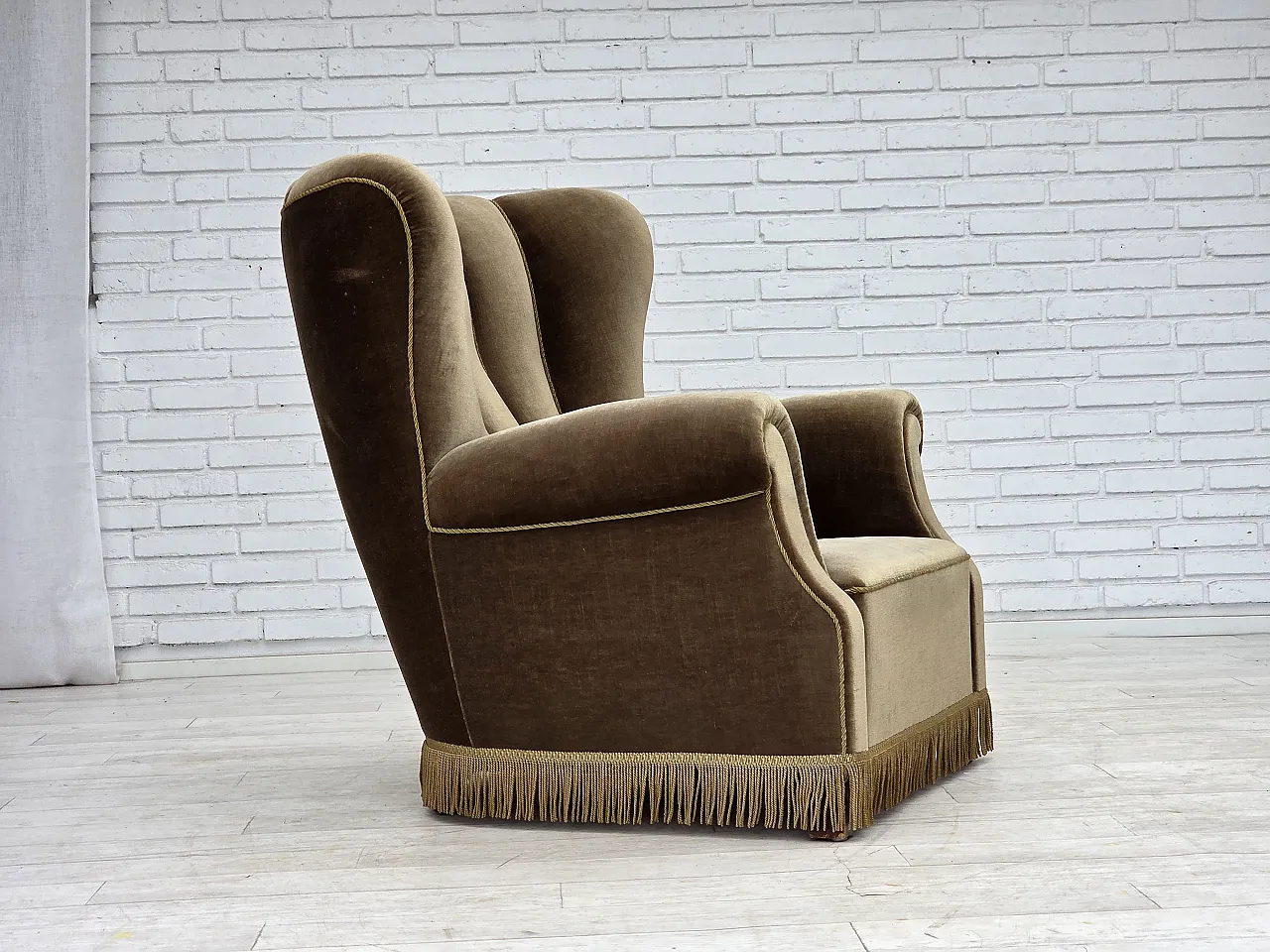 Danish relax armchair, dark green furniture velour, ash wood, 60s 2