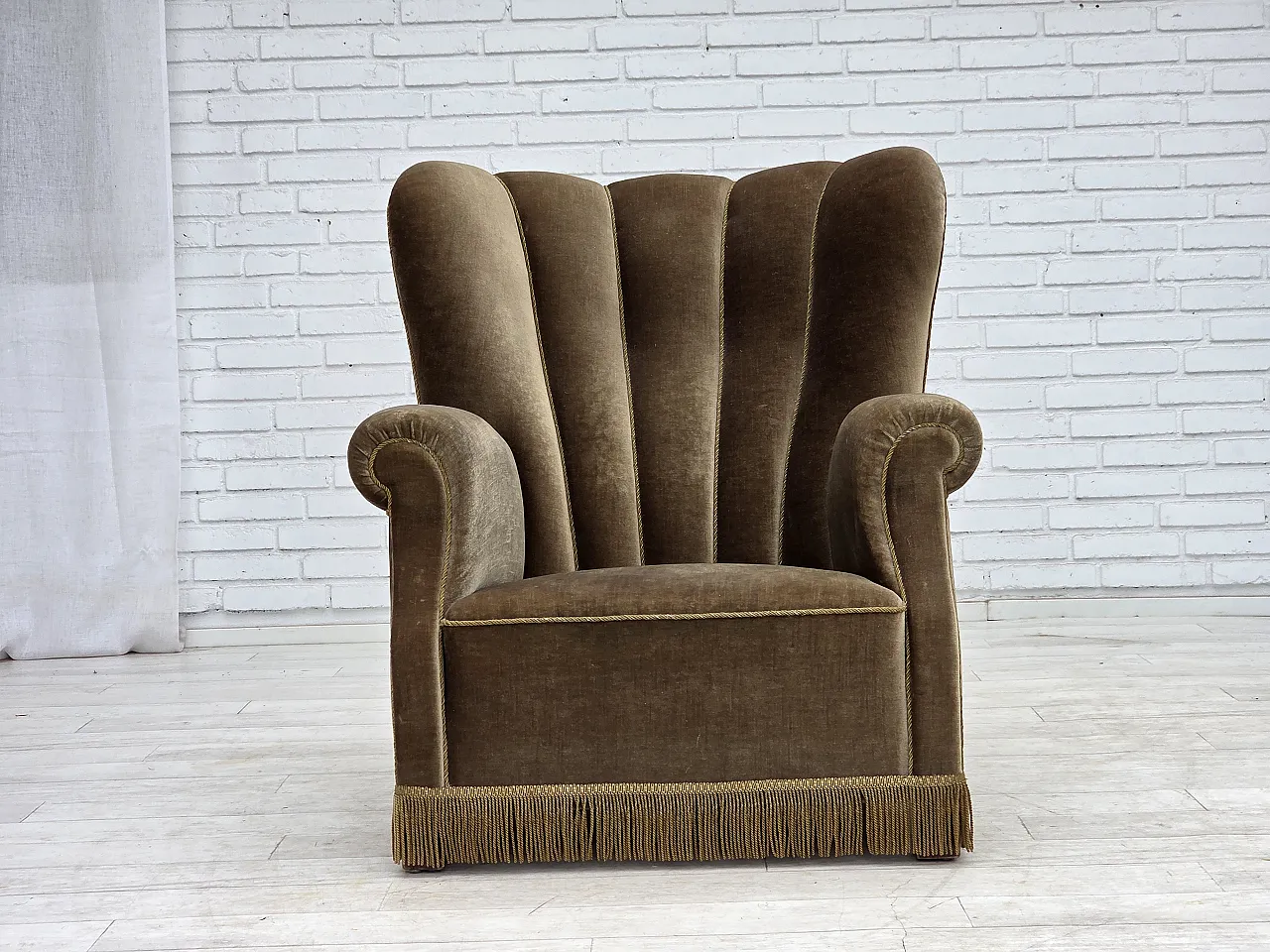 Danish relax armchair, dark green furniture velour, ash wood, 60s 3