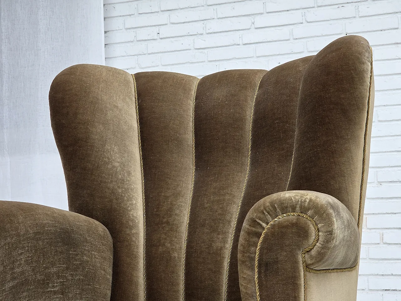 Danish relax armchair, dark green furniture velour, ash wood, 60s 4