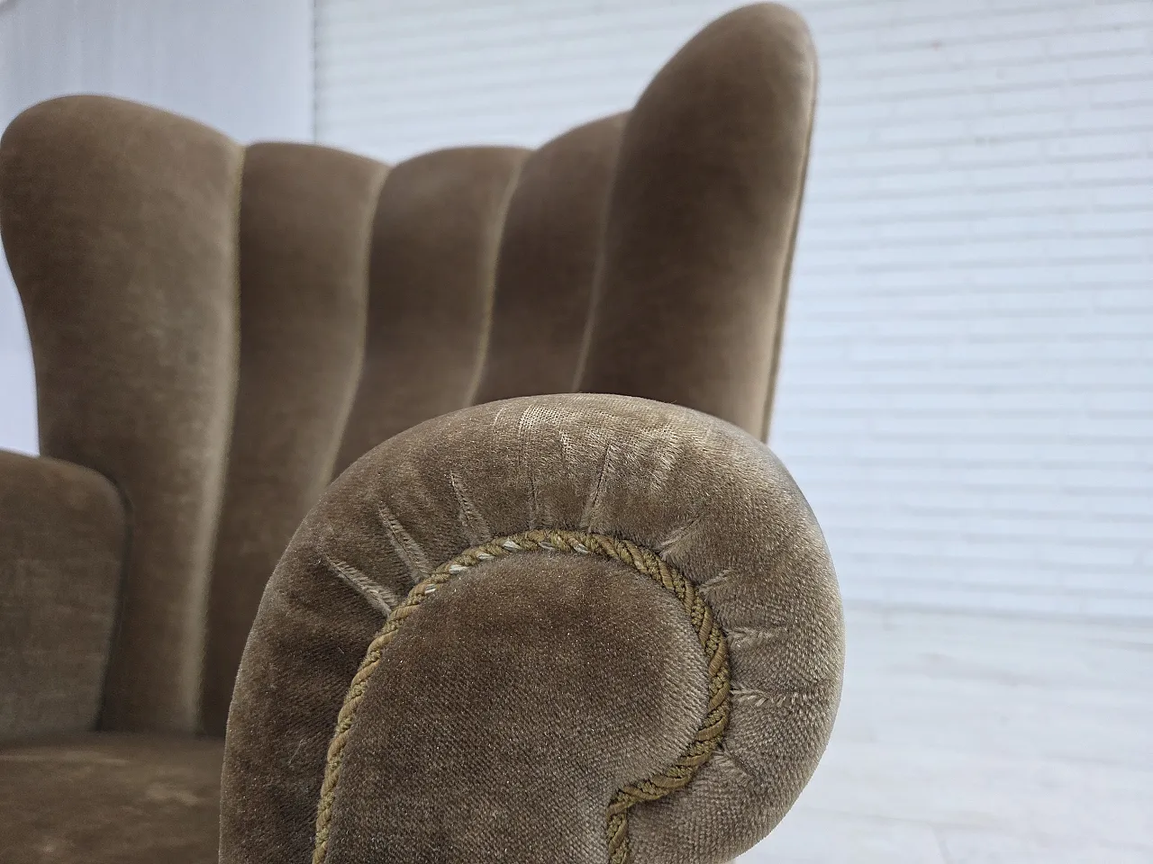 Danish relax armchair, dark green furniture velour, ash wood, 60s 5