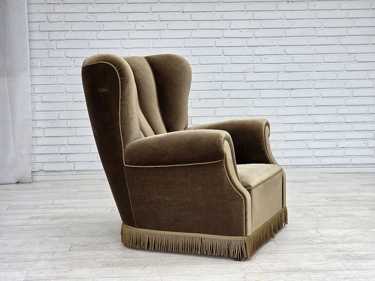 Danish relax armchair, dark green furniture velour, ash wood, 60s 6