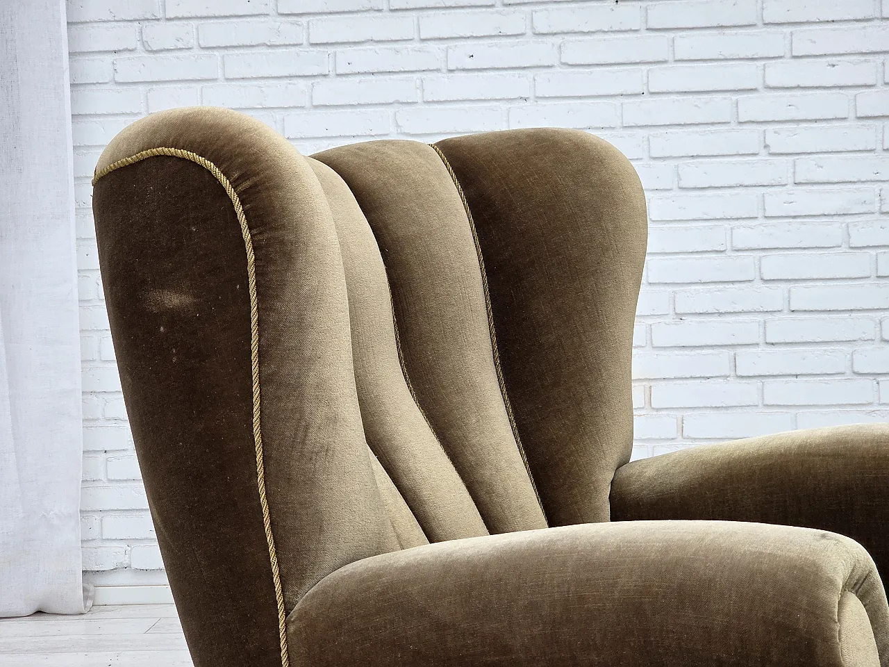 Danish relax armchair, dark green furniture velour, ash wood, 60s 7