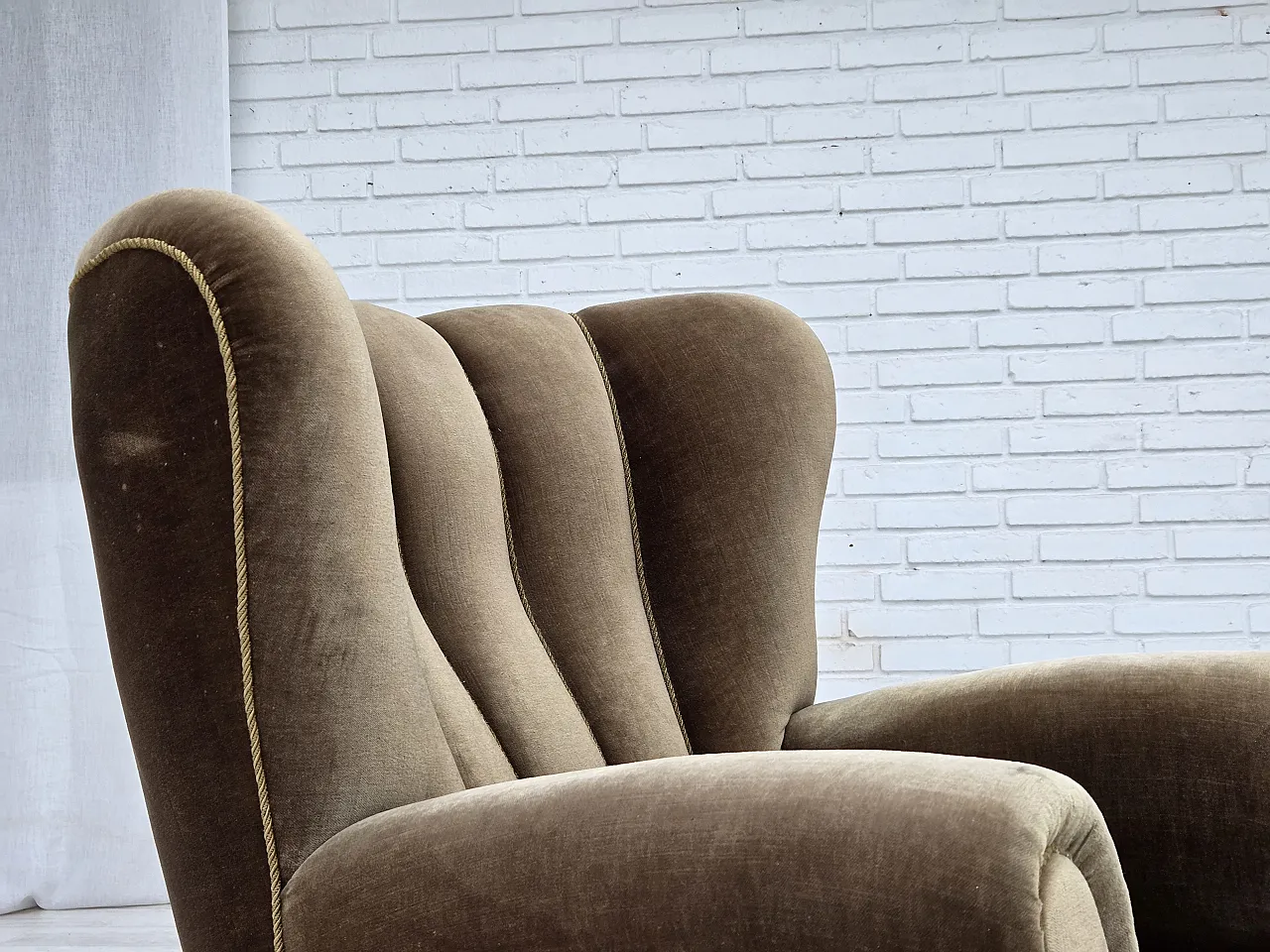Danish relax armchair, dark green furniture velour, ash wood, 60s 9