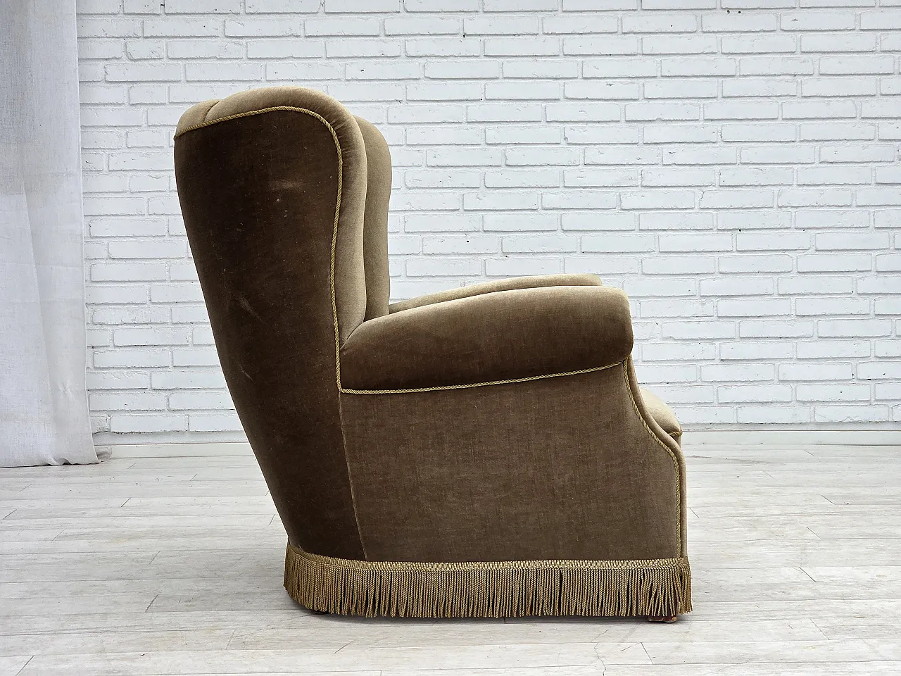 Danish relax armchair, dark green furniture velour, ash wood, 60s 10