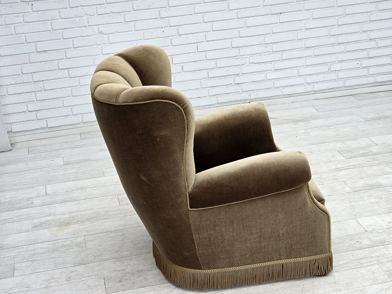 Danish relax armchair, dark green furniture velour, ash wood, 60s 11