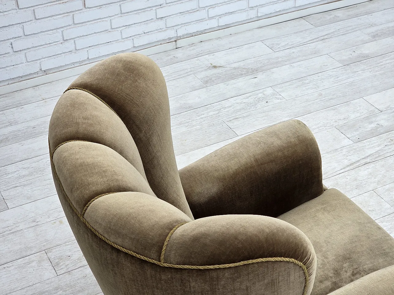Danish relax armchair, dark green furniture velour, ash wood, 60s 12
