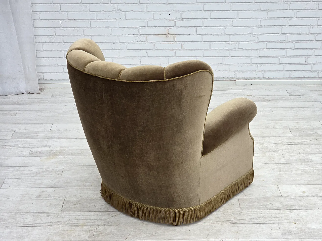 Danish relax armchair, dark green furniture velour, ash wood, 60s 13