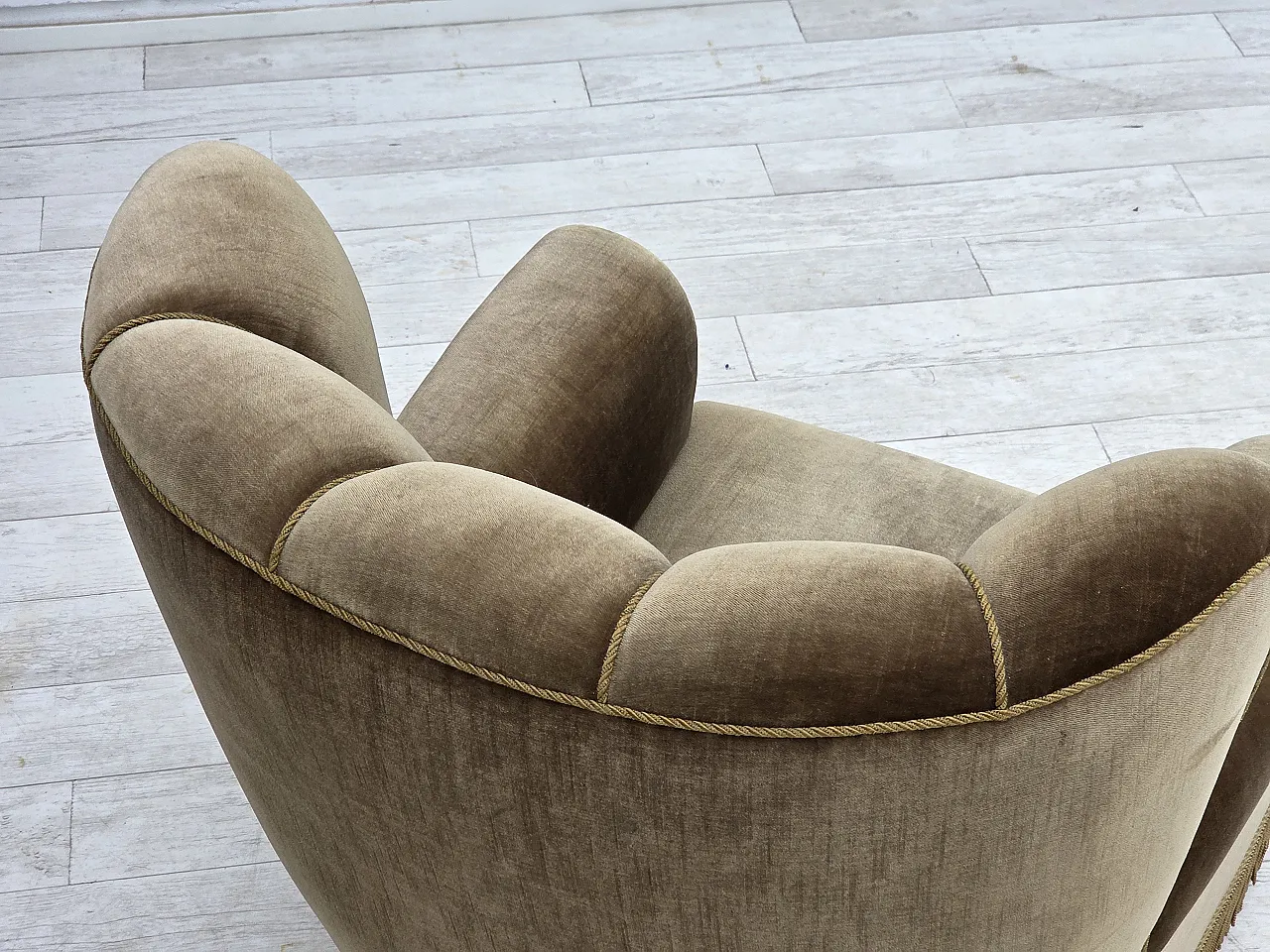 Danish relax armchair, dark green furniture velour, ash wood, 60s 14