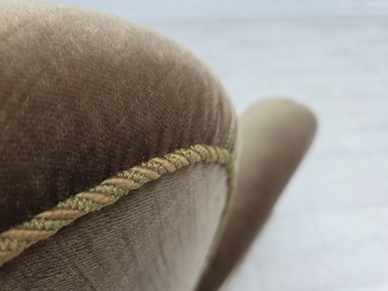 Danish relax armchair, dark green furniture velour, ash wood, 60s 15