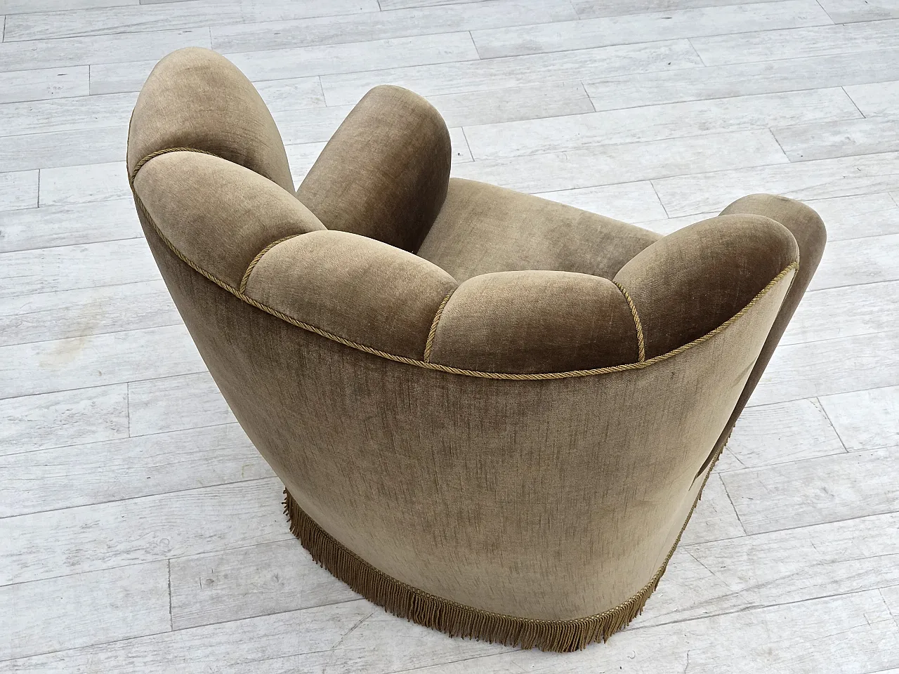 Danish relax armchair, dark green furniture velour, ash wood, 60s 16