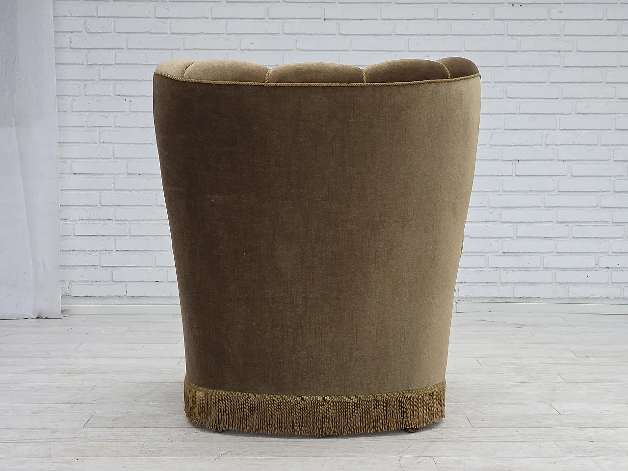 Danish relax armchair, dark green furniture velour, ash wood, 60s 17
