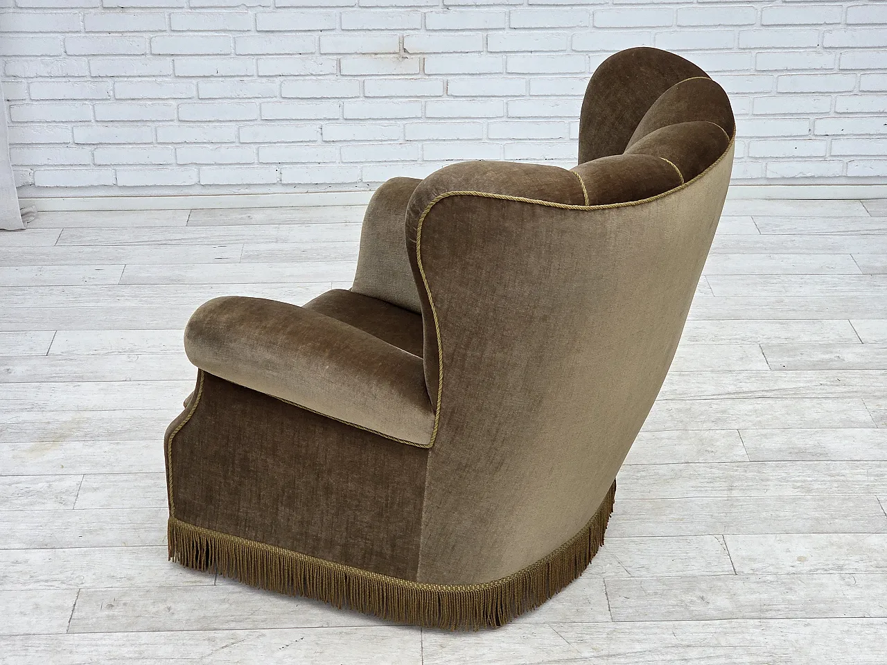 Danish relax armchair, dark green furniture velour, ash wood, 60s 18