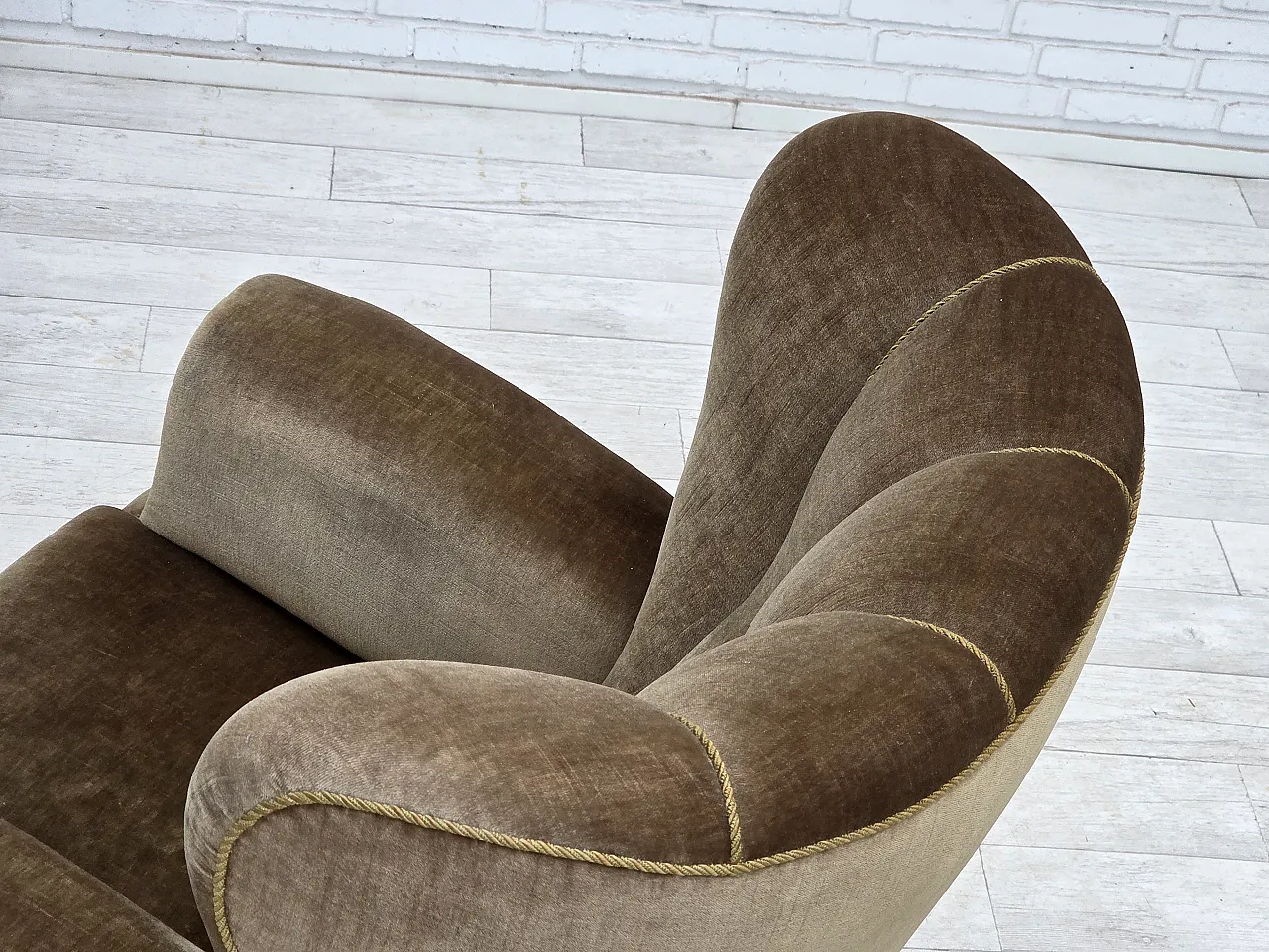 Danish relax armchair, dark green furniture velour, ash wood, 60s 19