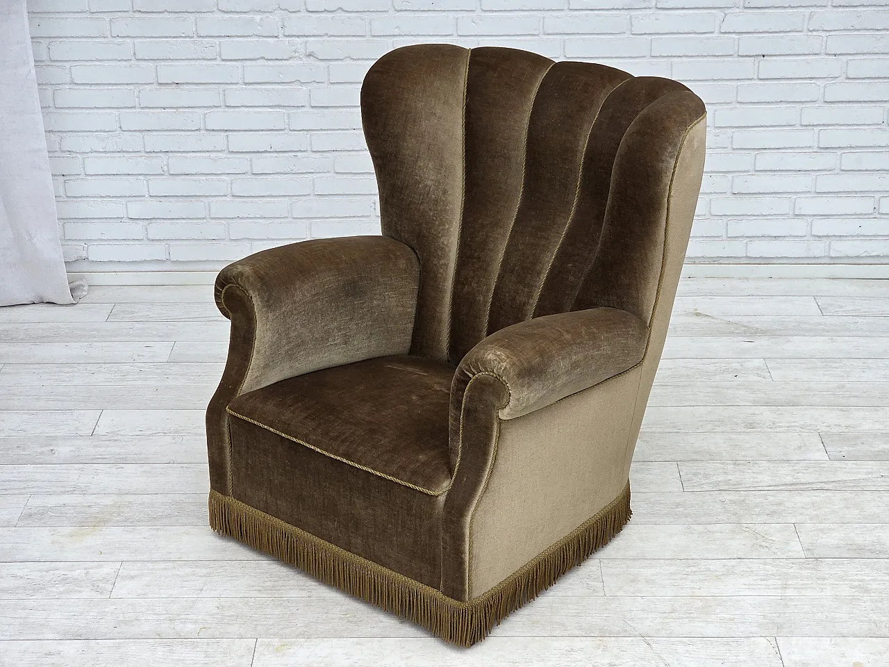Danish relax armchair, dark green furniture velour, ash wood, 60s 20