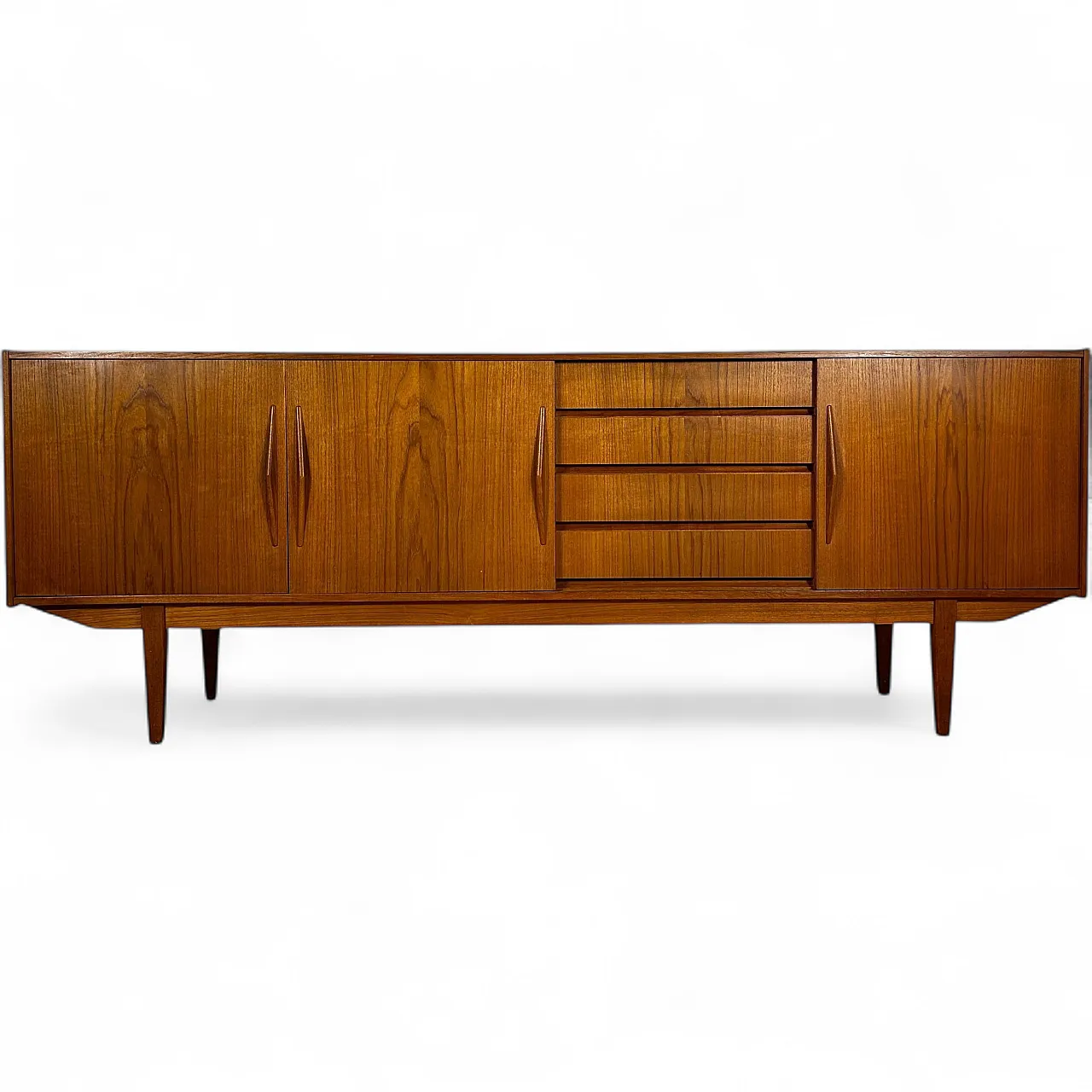 Sideboard danese in teak con ante scorrevoli e cassetti, anni ’60 10