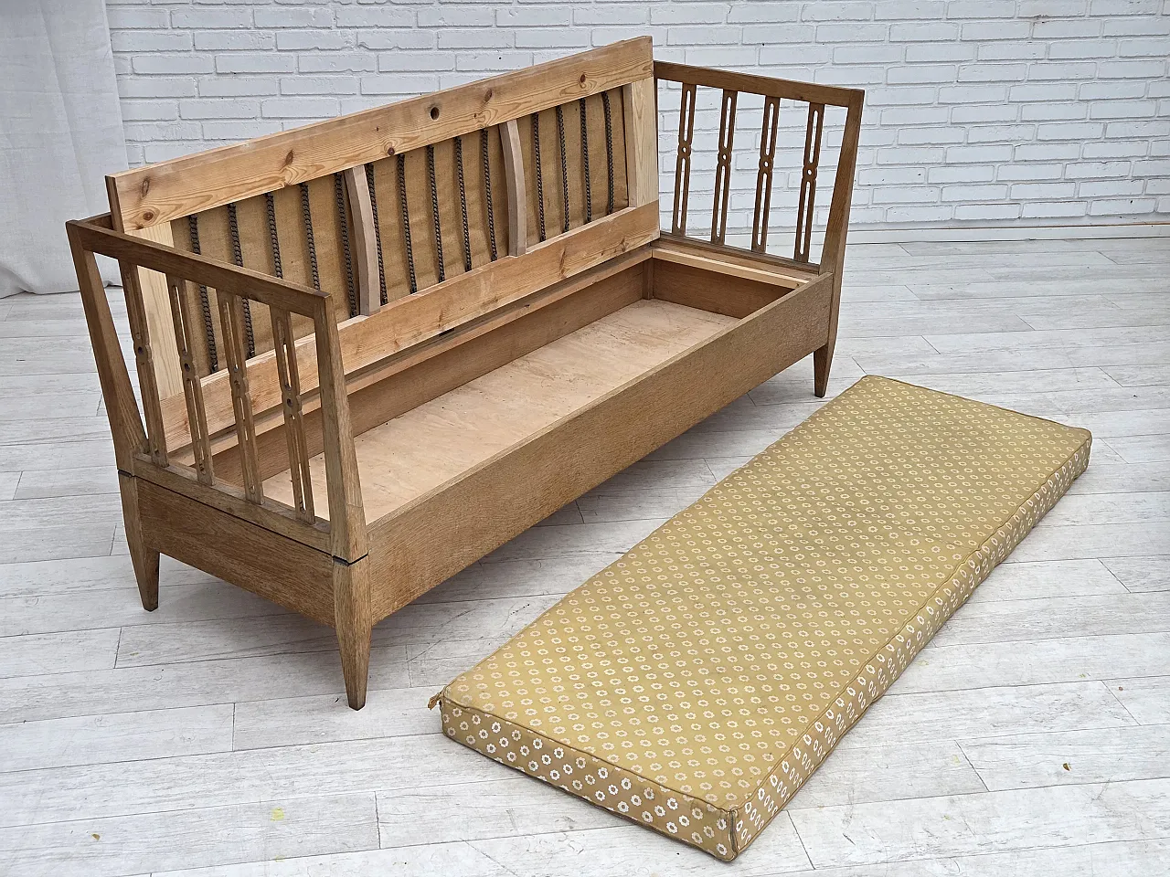 Divano/divano letto in tessuto per mobili e legno di quercia, anni '70 7