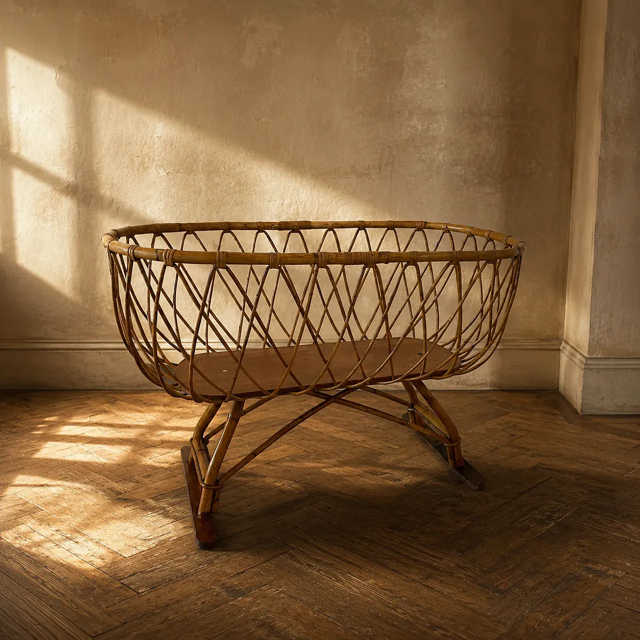 Culla per bambini in vimini di rattan su supporto, anni '70 1