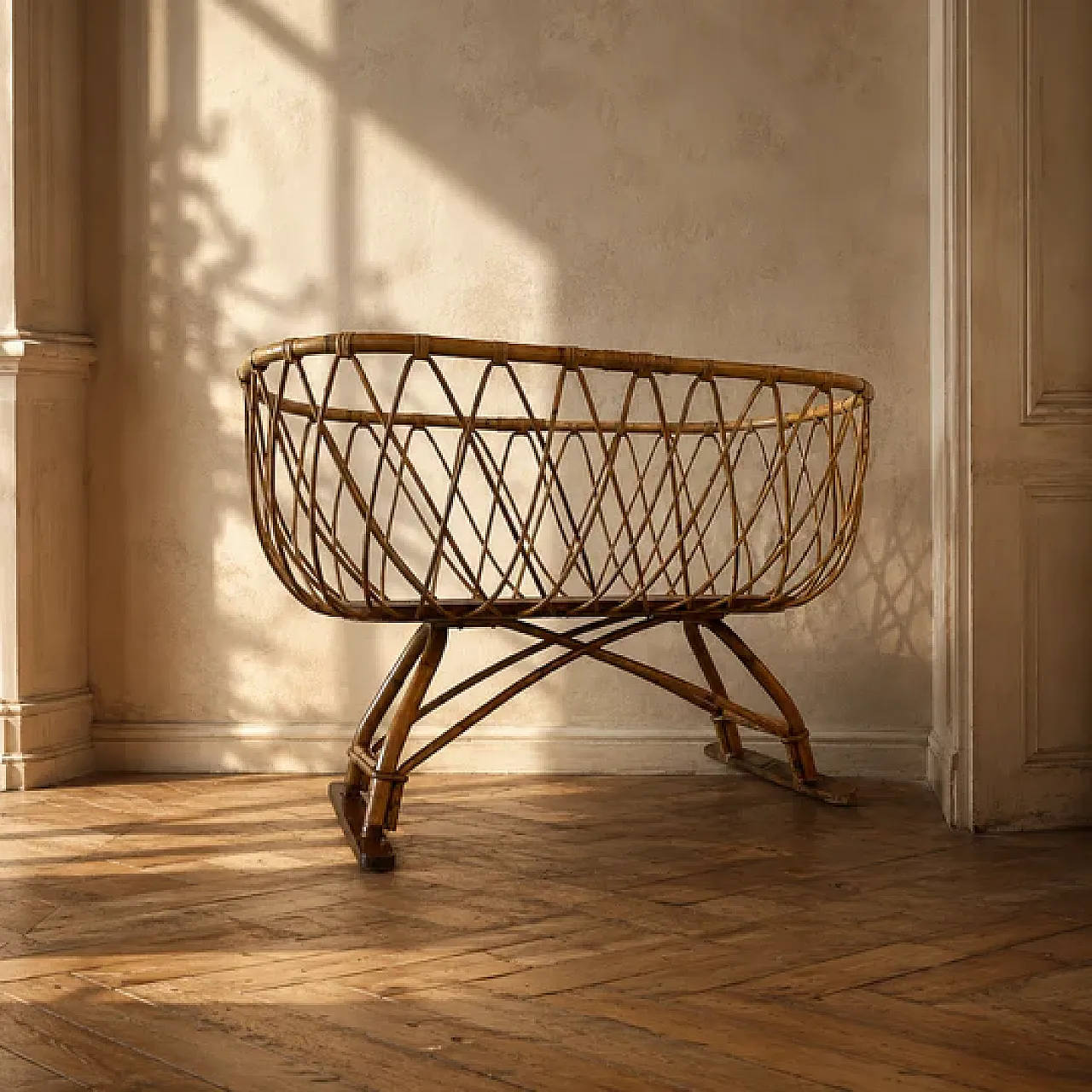 Culla per bambini in vimini di rattan su supporto, anni '70 3