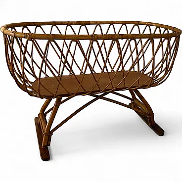 Culla per bambini in vimini di rattan su supporto, anni '70