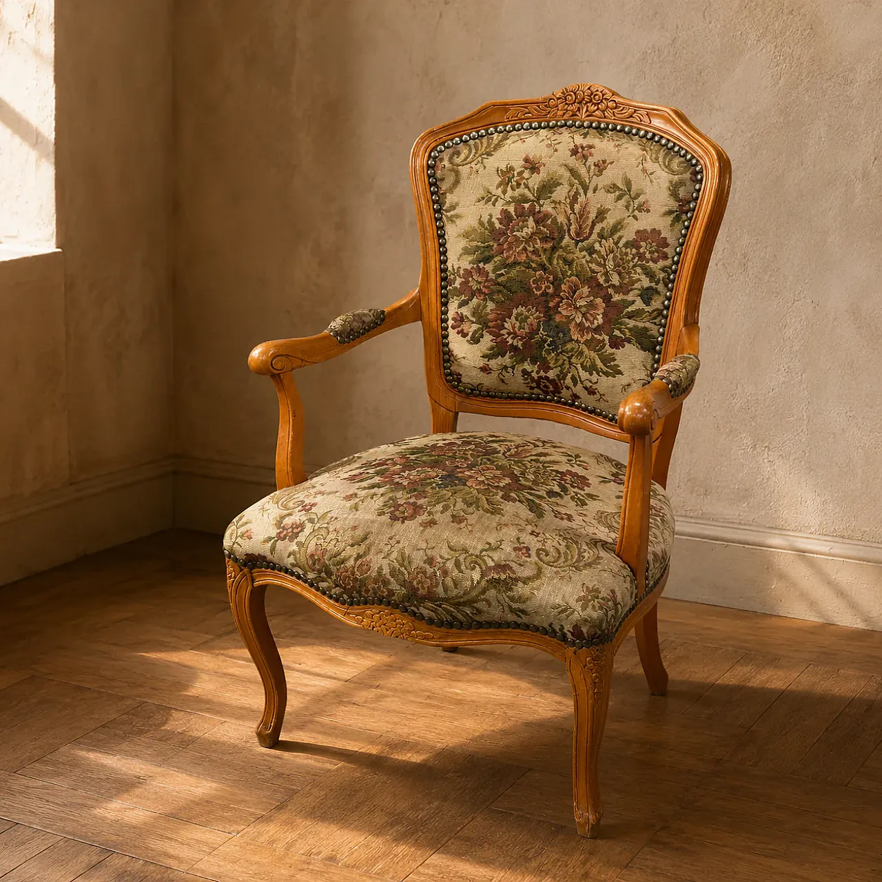 Louis XV floral tapestry armchair with carved wood frame, 20th century 2
