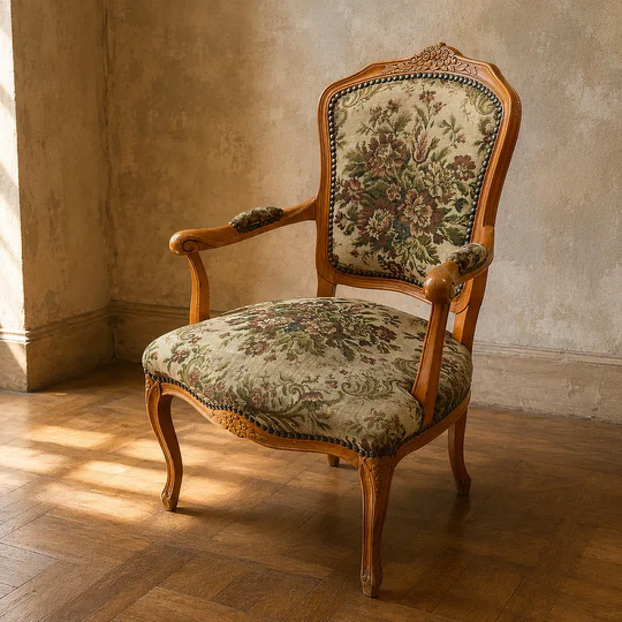 Louis XV floral tapestry armchair with carved wood frame, 20th century 3